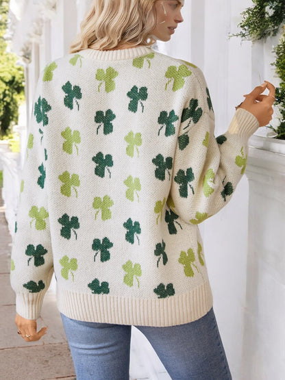 Anna-Kaci Women's Clover Print Crew Neck Sweater with Ribbed Cuffs and Hem