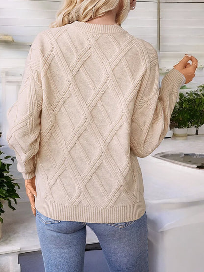 Anna-Kaci Women's Diamond Knit Pattern Sweater with Long Sleeves and Ribbed Cuffs