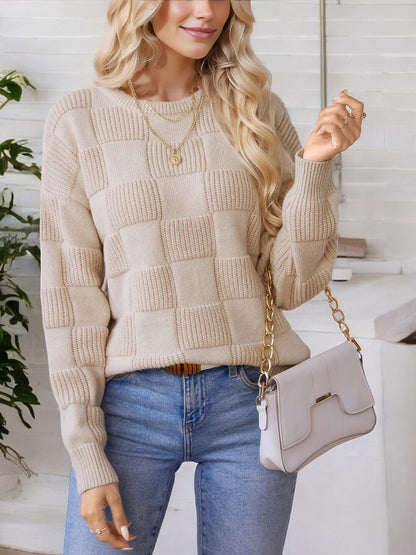 Anna-Kaci Women's Diamond Knit Pattern Sweater with Long Sleeves and Ribbed Cuffs
