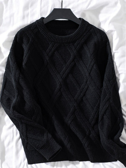 Anna-Kaci Women's Diamond Knit Pattern Sweater with Long Sleeves and Ribbed Cuffs