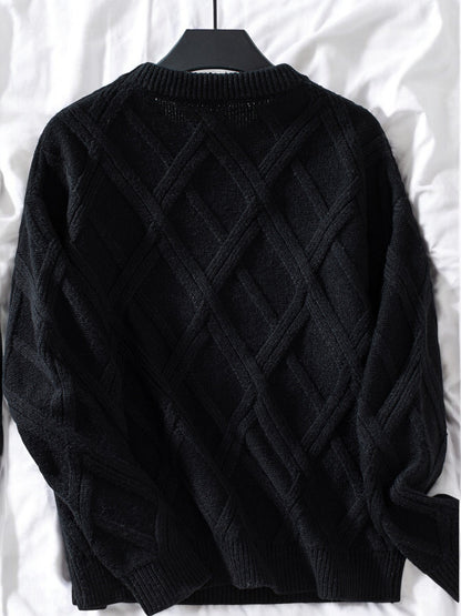 Anna-Kaci Women's Diamond Knit Pattern Sweater with Long Sleeves and Ribbed Cuffs