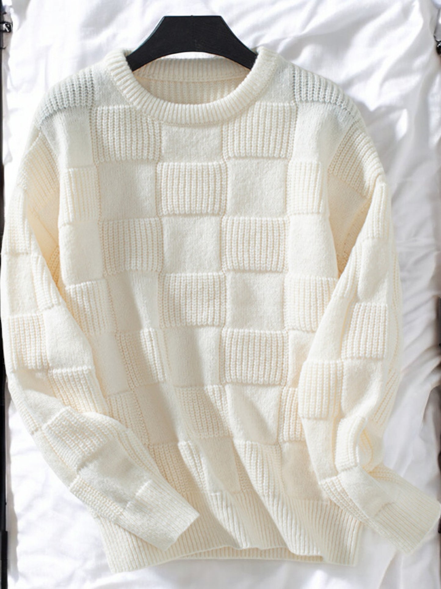 Anna-Kaci Women's Checkered Textured Knit Sweater with Long Sleeves and Crew Neck