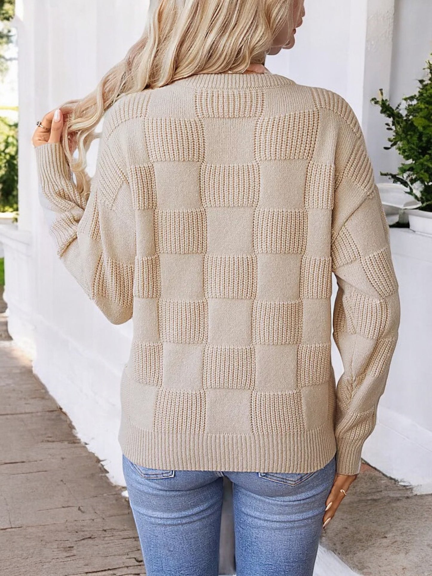 Anna-Kaci Women's Checkered Textured Knit Sweater with Long Sleeves and Crew Neck