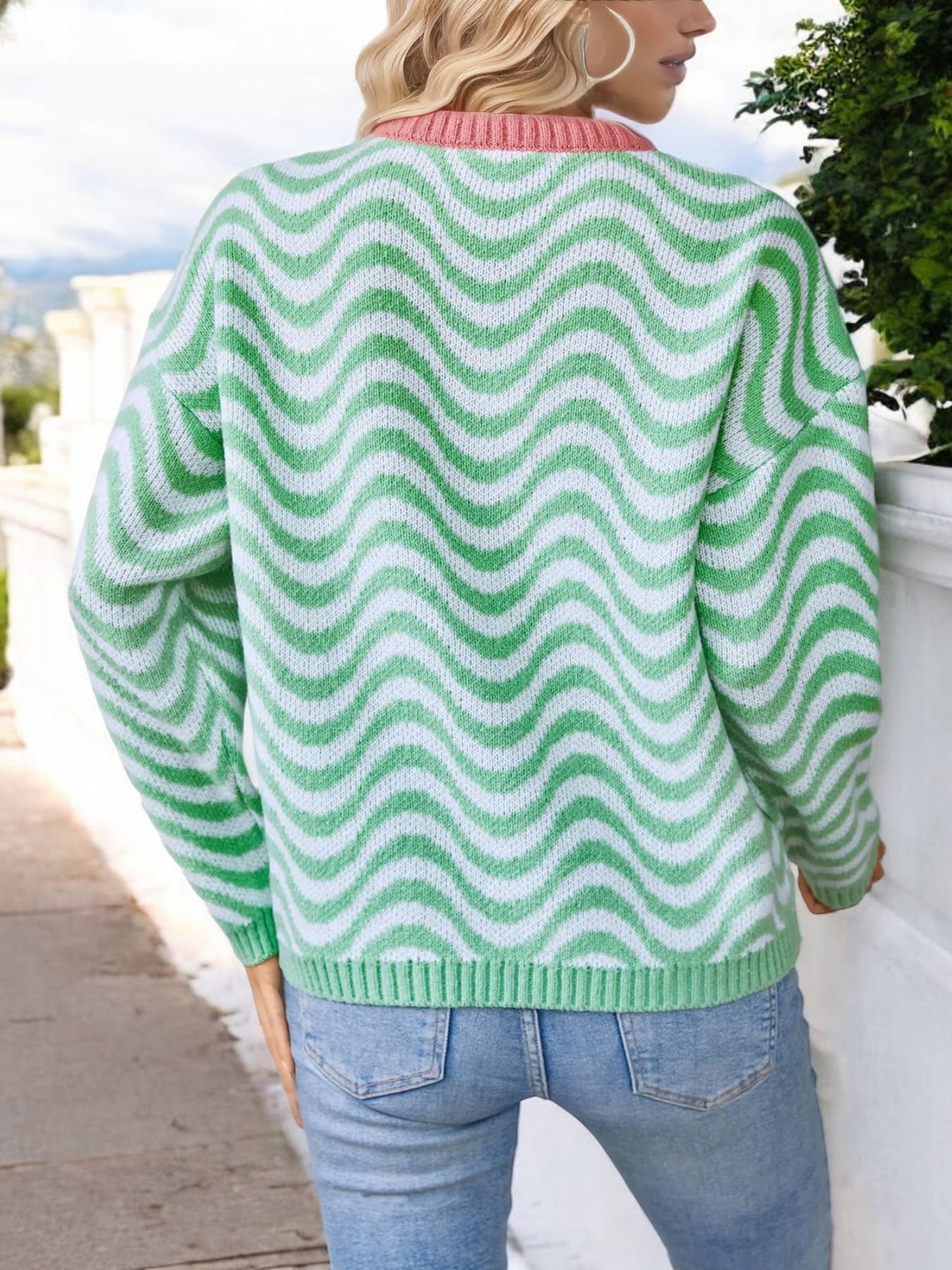 Anna-Kaci Women's Crew Neck Knit Sweater with Wavy Striped Pattern and Relaxed Fit