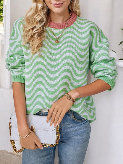 Anna-Kaci Women's Crew Neck Knit Sweater with Wavy Striped Pattern and Relaxed Fit