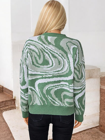 Anna-Kaci Women's Abstract Wave Pattern Knit Sweater with Crew Neck