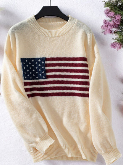 Anna-Kaci Women's American Flag Knit Sweater with Crew Neck and Long Sleeves