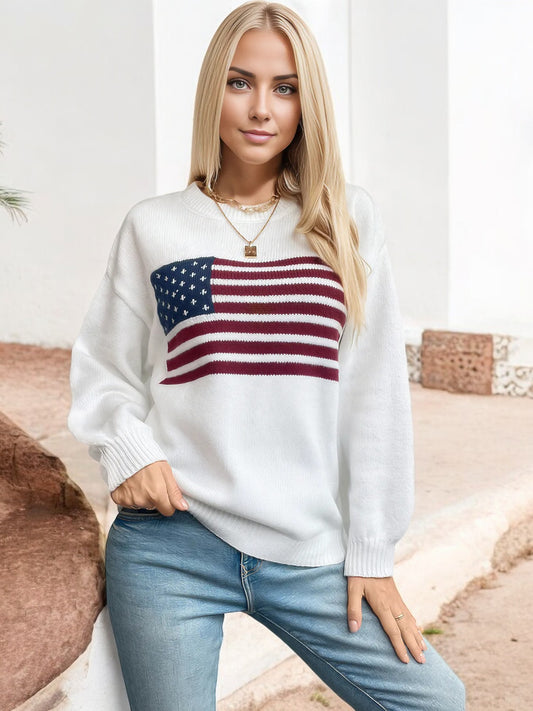 Anna-Kaci Women's American Flag Knit Sweater with Crew Neck and Long Sleeves