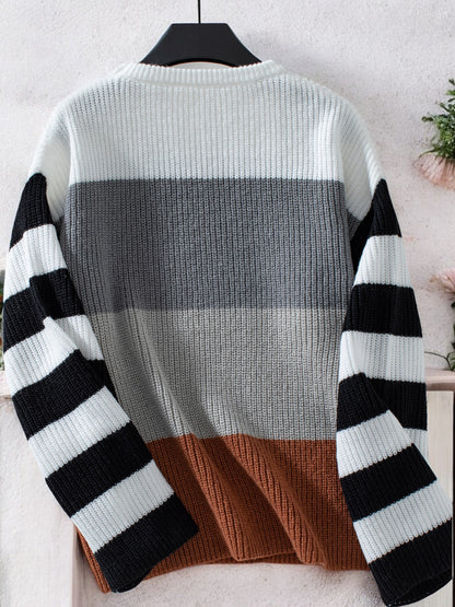 Anna-Kaci Women's Color Block Striped Knit Sweater with Crew Neck and Long Sleeves