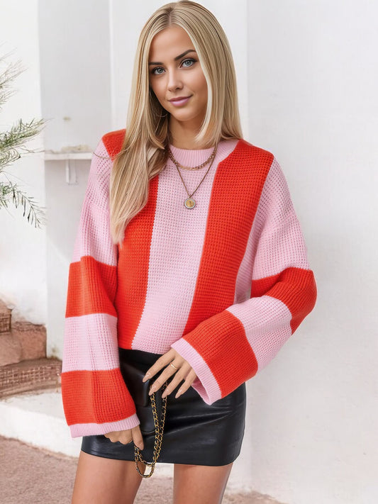 Anna-Kaci Women's Bold Striped Knit Sweater with Wide Sleeves and Crew Neck