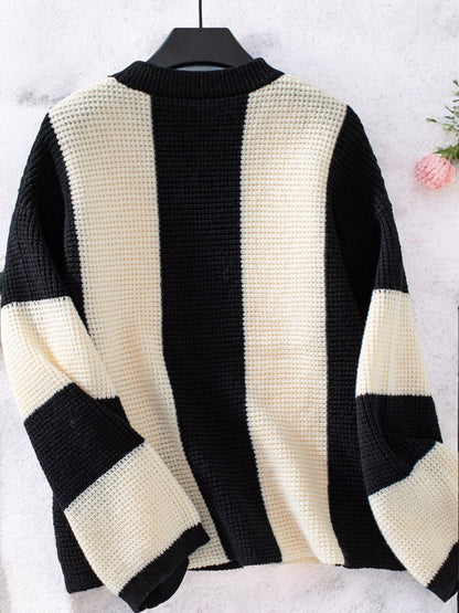 Anna-Kaci Women's Bold Striped Knit Sweater with Wide Sleeves and Crew Neck