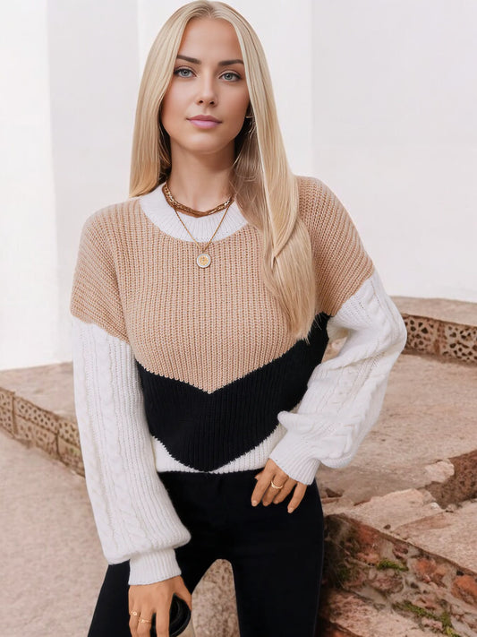 Anna-Kaci Women's Color Block Cable Knit Sweater with Textured Sleeves and Crew Neck