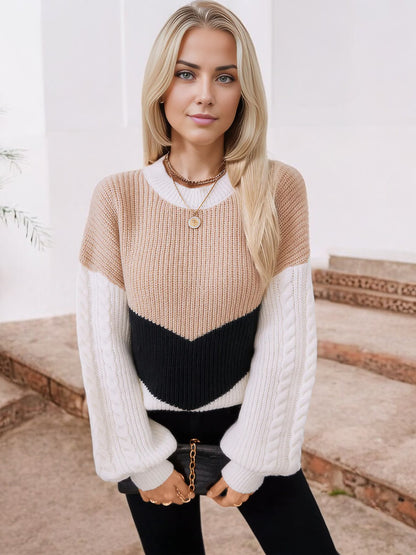 Anna-Kaci Women's Color Block Cable Knit Sweater with Textured Sleeves and Crew Neck