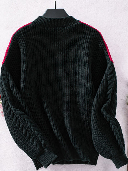 Anna-Kaci Women's Color Block Cable Knit Sweater with Textured Sleeves and Crew Neck