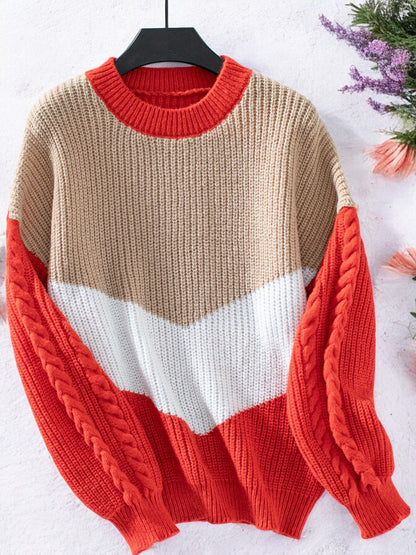 Anna-Kaci Women's Color Block Cable Knit Sweater with Textured Sleeves and Crew Neck