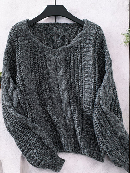 Anna-Kaci Women's Cable Knit V-Neck Sweater with Balloon Sleeves