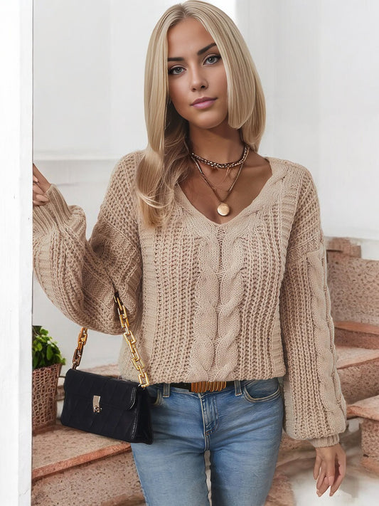 Anna-Kaci Women's Cable Knit V-Neck Sweater with Balloon Sleeves