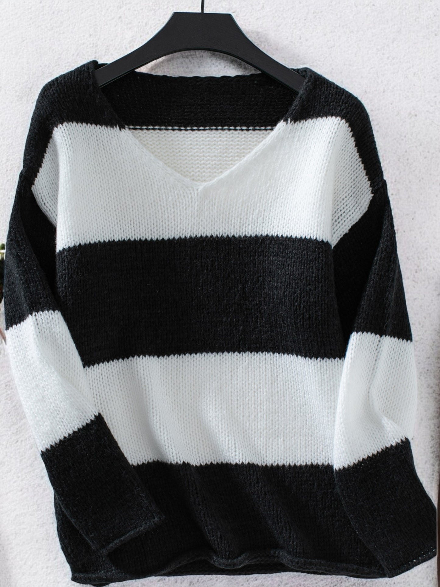 Anna-Kaci Women's V-Neck Striped Knit Sweater with Off-Shoulder Style