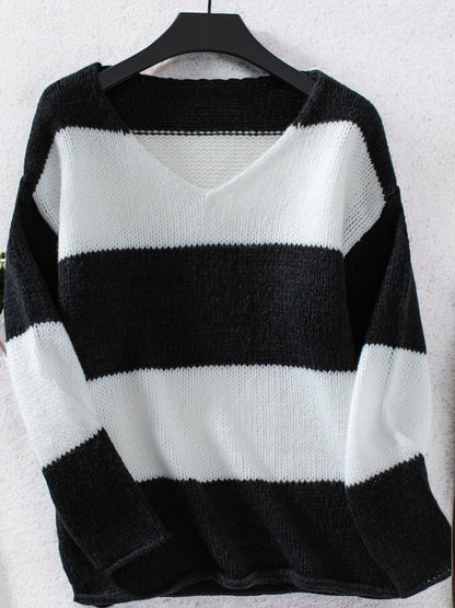 Anna-Kaci Women's V-Neck Striped Knit Sweater with Off-Shoulder Style