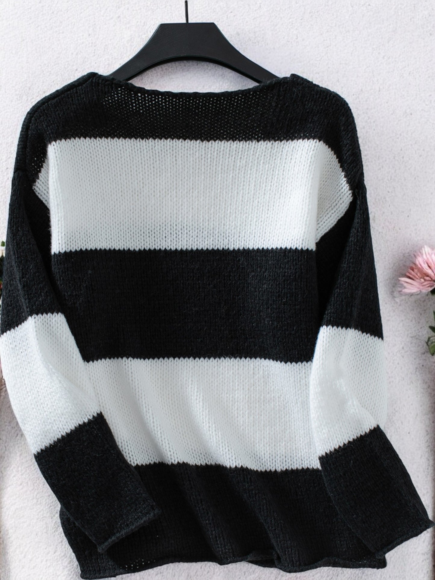 Anna-Kaci Women's V-Neck Striped Knit Sweater with Off-Shoulder Style