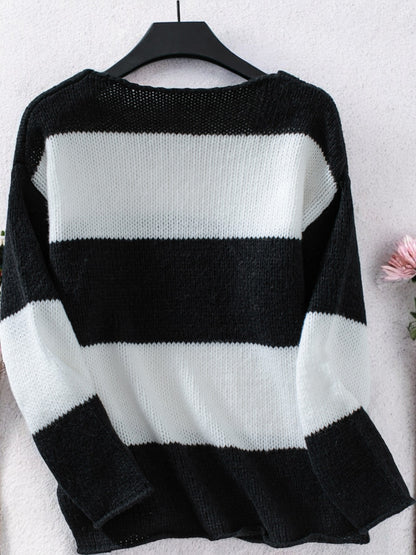 Anna-Kaci Women's V-Neck Striped Knit Sweater with Off-Shoulder Style
