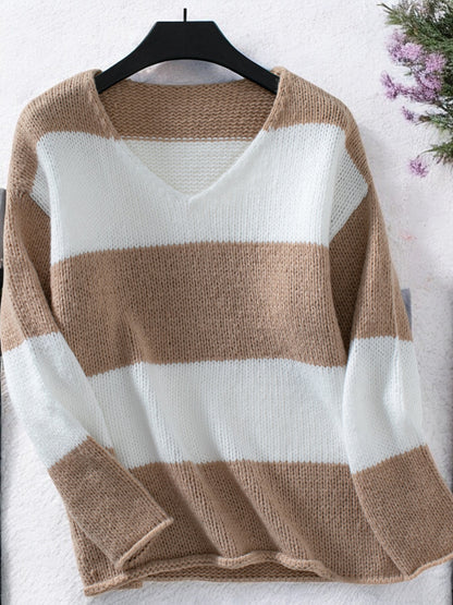 Anna-Kaci Women's V-Neck Striped Knit Sweater with Off-Shoulder Style