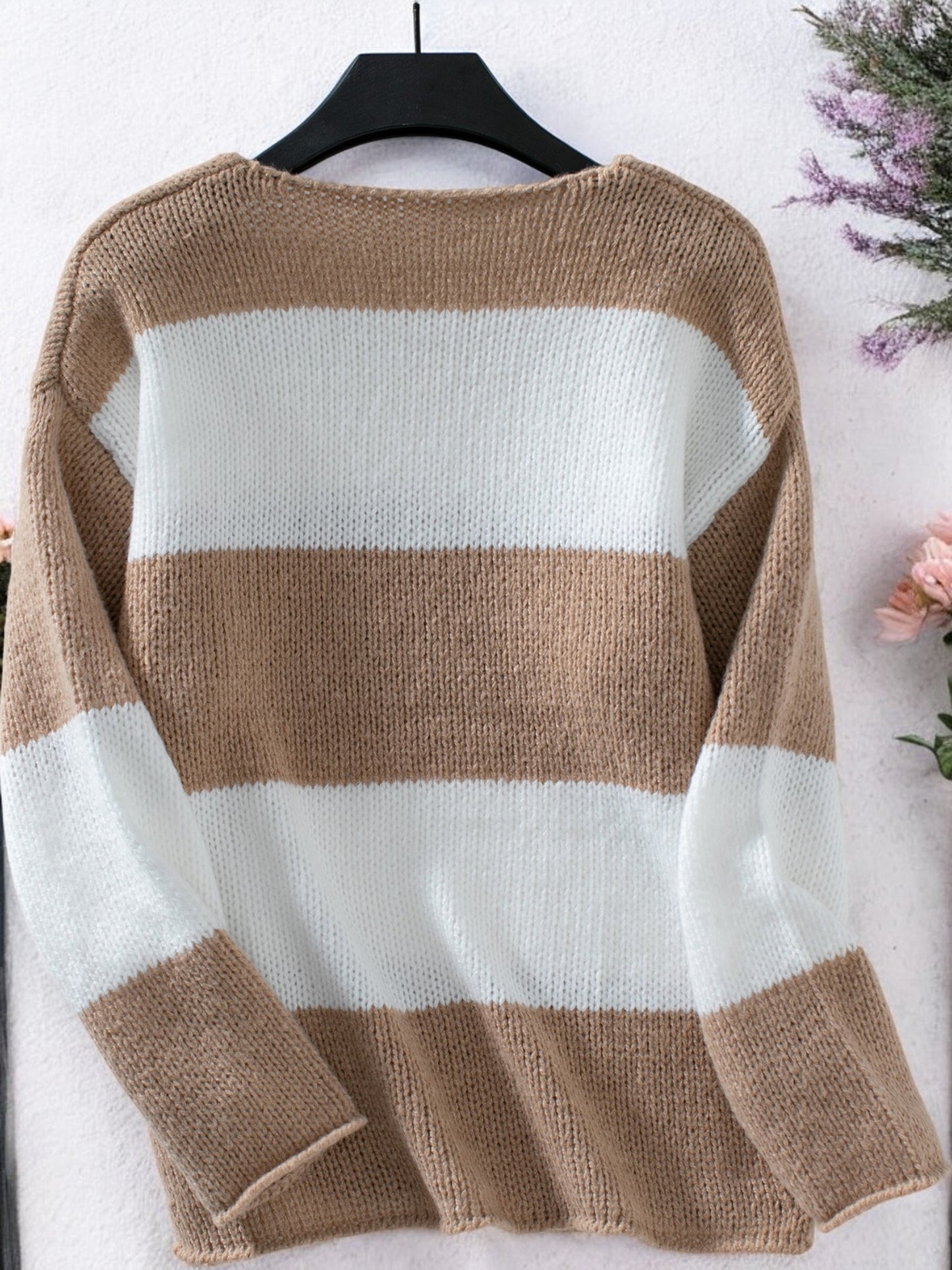 Anna-Kaci Women's V-Neck Striped Knit Sweater with Off-Shoulder Style