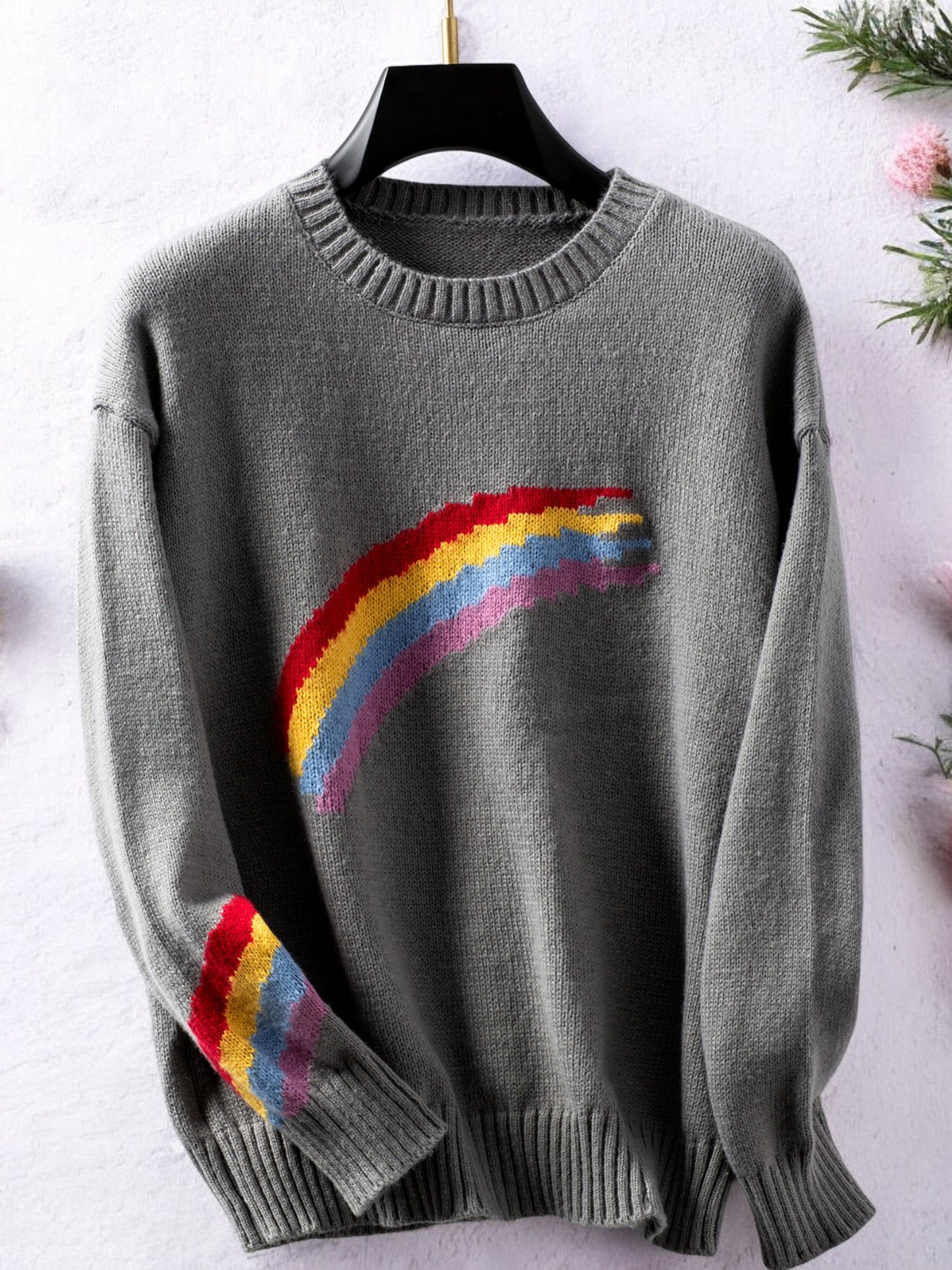 Anna-Kaci Women's Rainbow Stripe Knit Sweater with Ribbed Cuffs and Hem