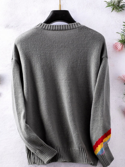 Anna-Kaci Women's Rainbow Stripe Knit Sweater with Ribbed Cuffs and Hem
