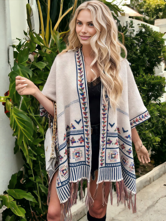 Anna-Kaci Women's Bohemian Knit Shawl with Tribal Print and Fringe Hem