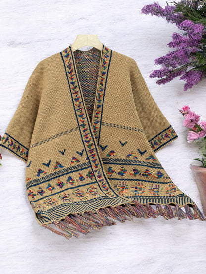 Anna-Kaci Women's Bohemian Knit Shawl with Tribal Print and Fringe Hem
