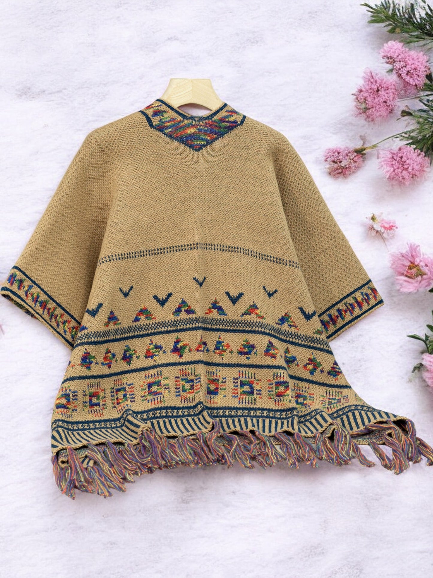 Anna-Kaci Women's Bohemian Knit Shawl with Tribal Print and Fringe Hem