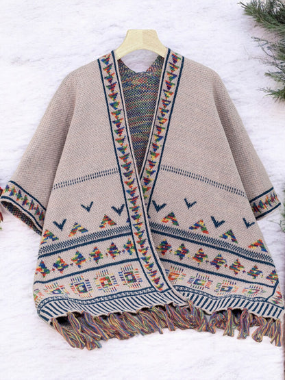 Anna-Kaci Women's Bohemian Knit Shawl with Tribal Print and Fringe Hem