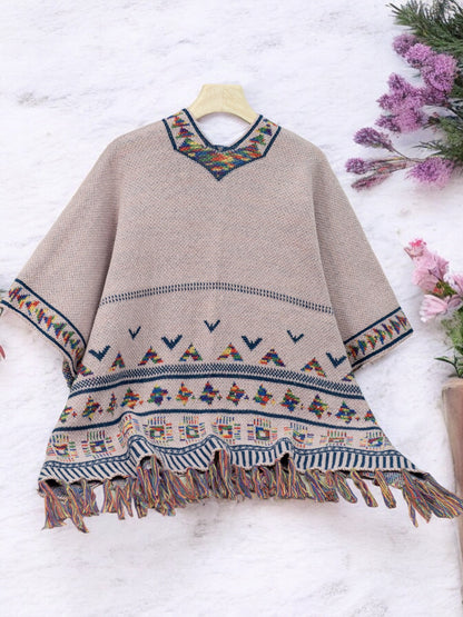 Anna-Kaci Women's Bohemian Knit Shawl with Tribal Print and Fringe Hem