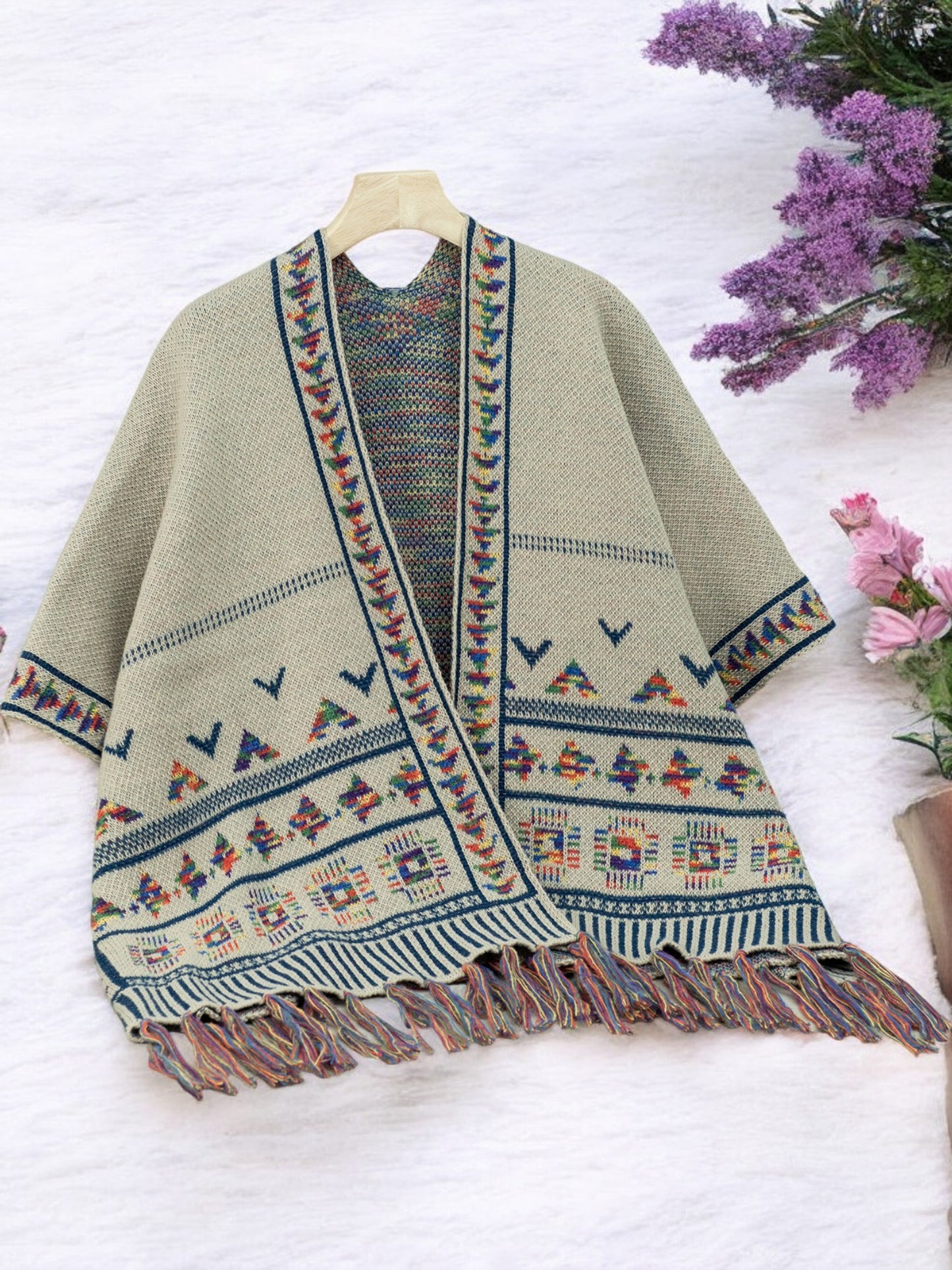 Anna-Kaci Women's Bohemian Knit Shawl with Tribal Print and Fringe Hem