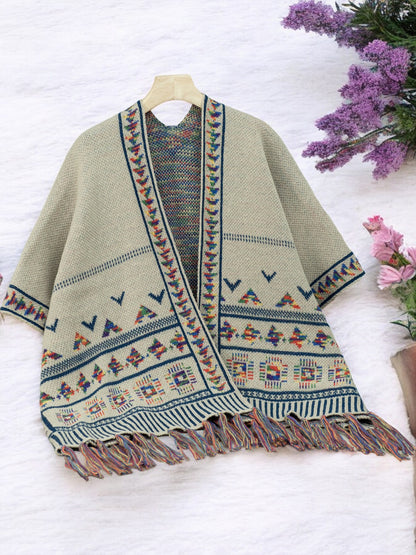 Anna-Kaci Women's Bohemian Knit Shawl with Tribal Print and Fringe Hem