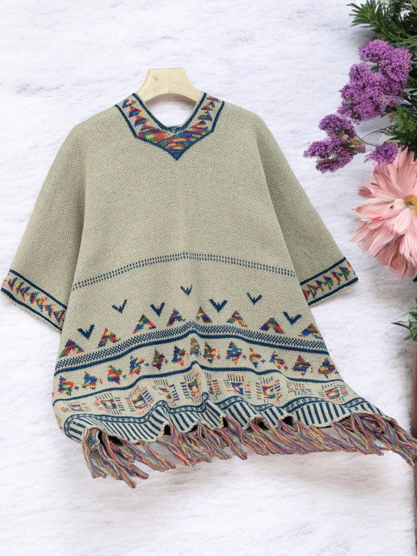 Anna-Kaci Women's Bohemian Knit Shawl with Tribal Print and Fringe Hem