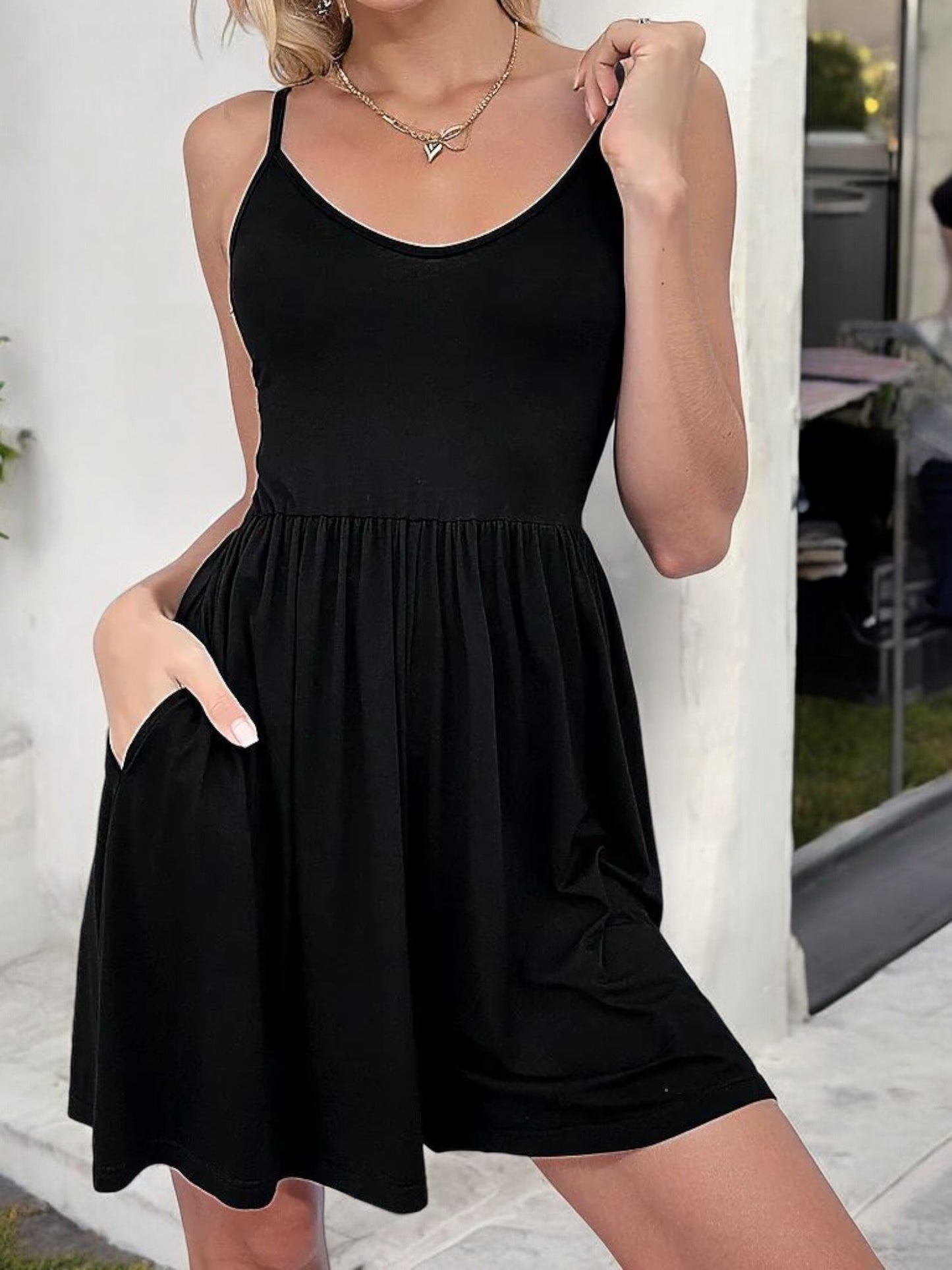 Sleeveless Fit-and-Flare Mini Dress with Scoop Neckline and Pockets