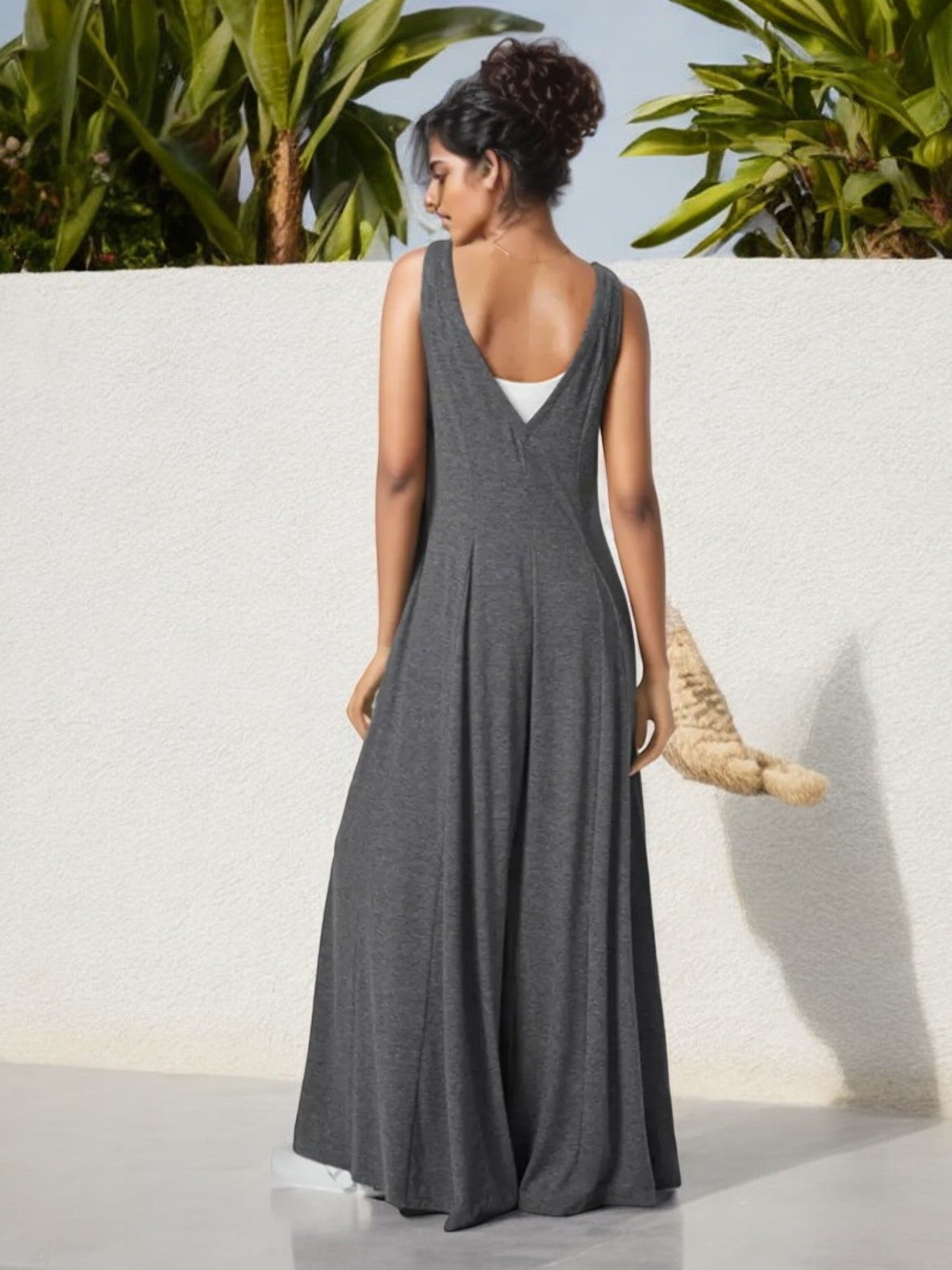 Anna-Kaci Women's V-Neck Wide Leg Jumpsuit with Side Pockets