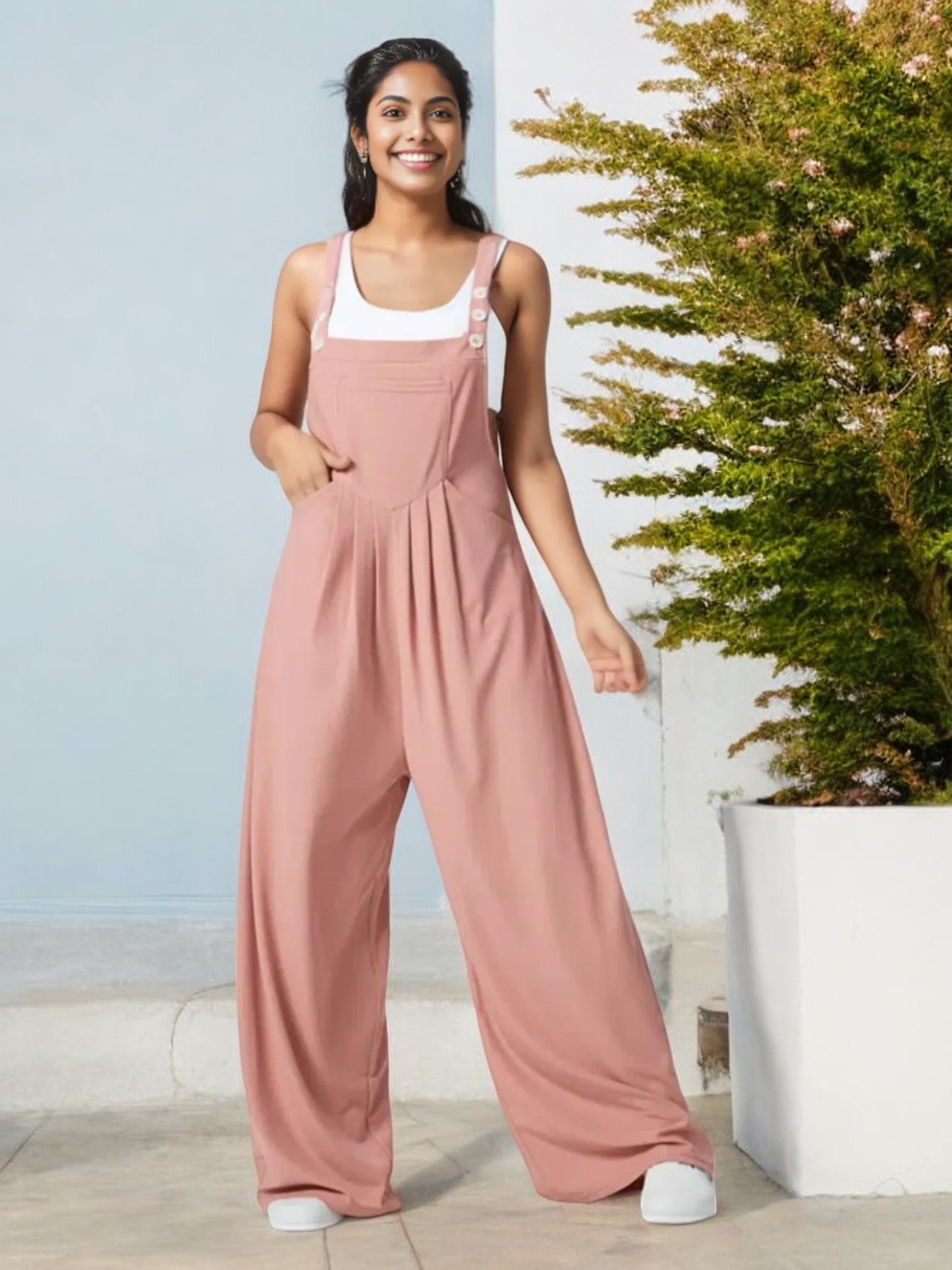 Anna-Kaci Women's Wide Leg Overalls with Button Straps and Pockets