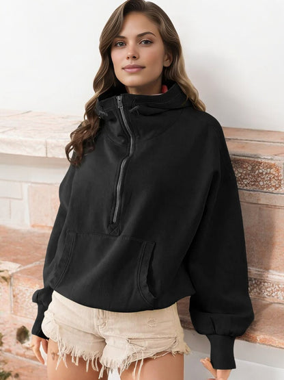 Half-Zip Pullover Hoodie with Funnel Neck and Kangaroo Pocket