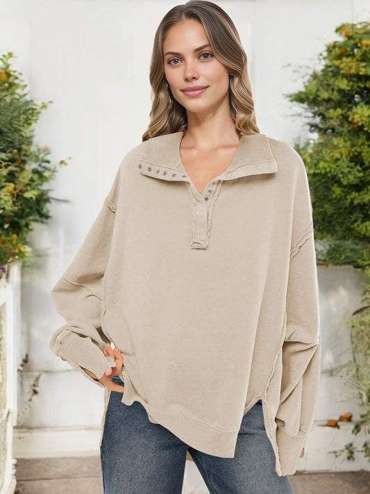 Oversized Button-Up Collar Sweatshirt with Raw Edge Hem and Drop Shoulders