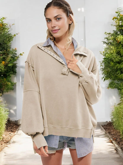 Oversized Button-Up Collar Sweatshirt with Raw Edge Hem and Drop Shoulders