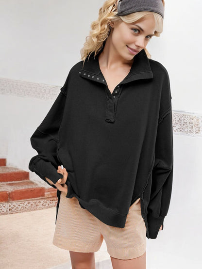 Oversized Button-Up Collar Sweatshirt with Raw Edge Hem and Drop Shoulders