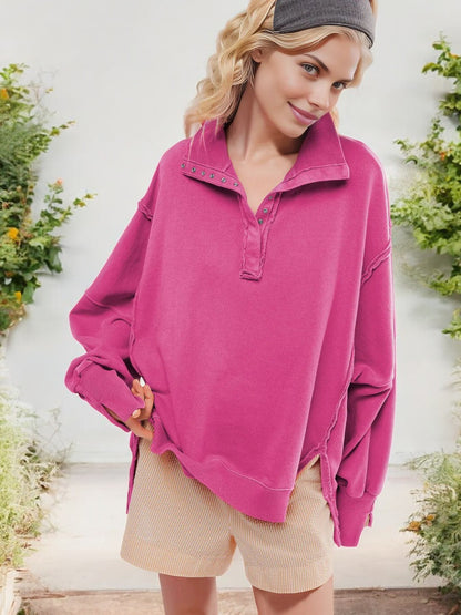 Oversized Button-Up Collar Sweatshirt with Raw Edge Hem and Drop Shoulders