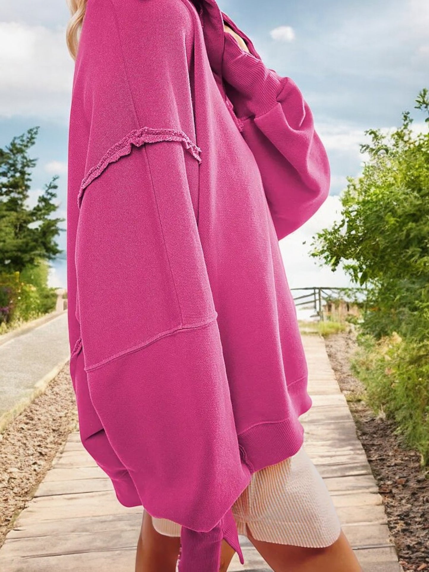 Oversized Button-Up Collar Sweatshirt with Raw Edge Hem and Drop Shoulders