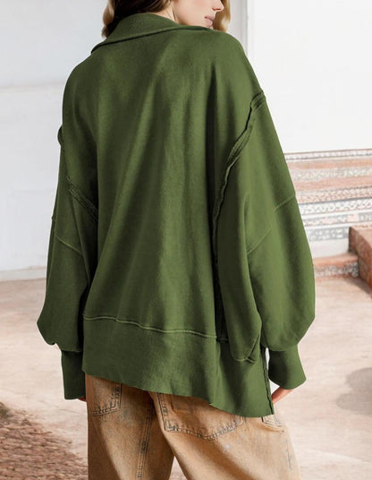 Oversized Button-Up Collar Sweatshirt with Raw Edge Hem and Drop Shoulders