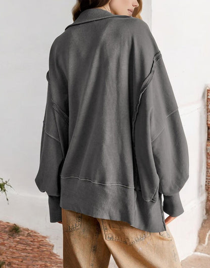 Oversized Button-Up Collar Sweatshirt with Raw Edge Hem and Drop Shoulders