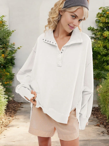 Oversized Button-Up Collar Sweatshirt with Raw Edge Hem and Drop Shoulders