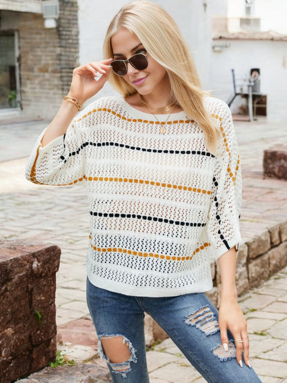 Striped Open Knit Sweater with 3/4 Sleeves and Relaxed Fit